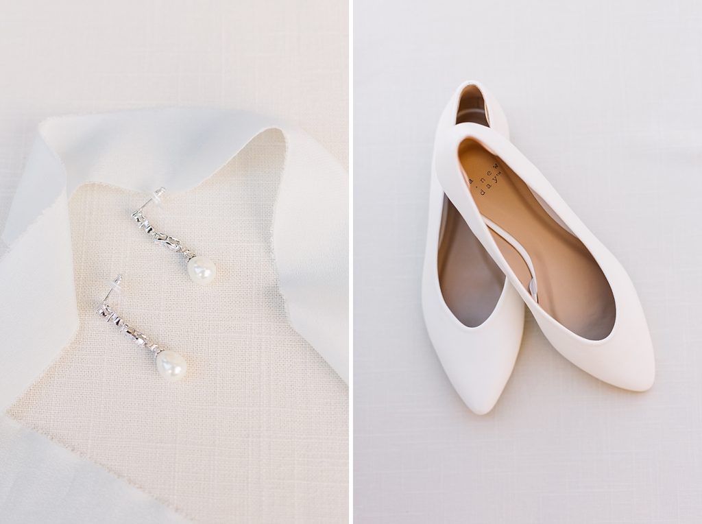 wedding day bridal jewelry, white bridal shoes