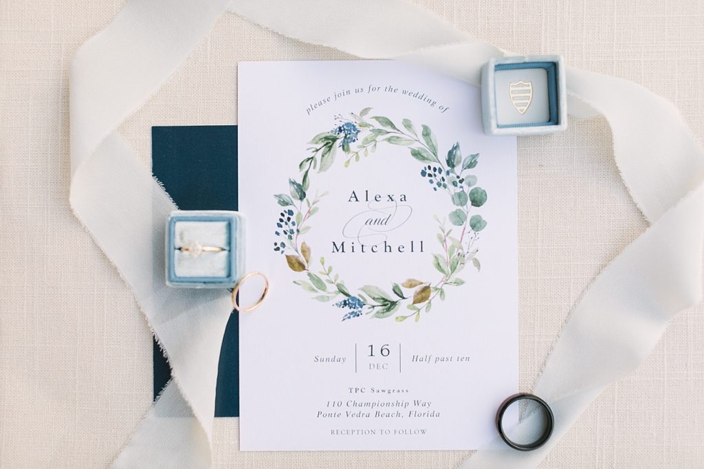 navy and green wedding invitation suite