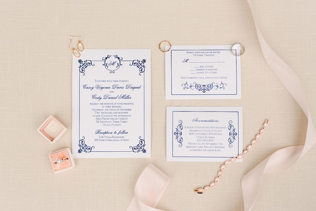 blush and navy Wedding invitations