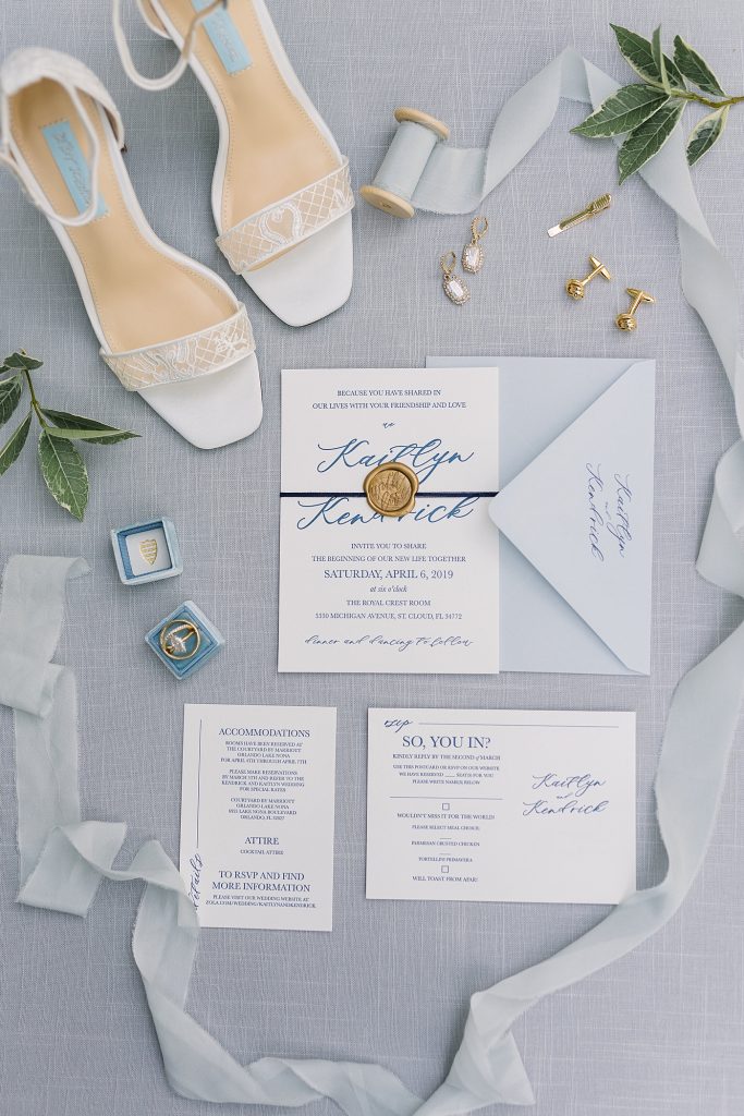 Dusty blue Wedding details and invitation suite